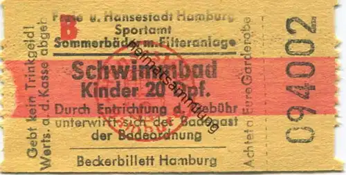 Deutschland - Hamburg - Eintrittskarte Schwimmbad Kinder 20Dpf. 50er Jahre