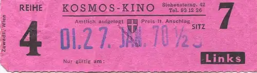 Österreich - Wien - Kosmos Kino Wien VII Siebensterngasse 42 - Kinokarte 1970