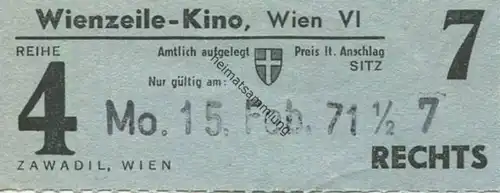 Österreich - Wien Wienzeile-Kino Wien VI - Kinokarte 1971