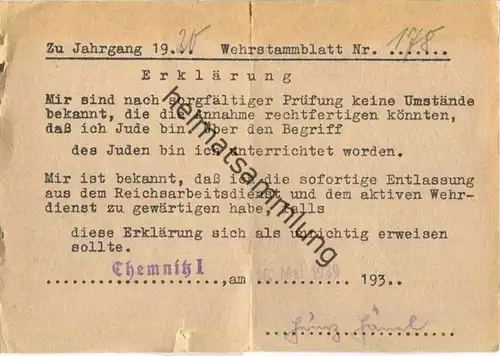 Wehrstammblatt 1939 - Chemnitz - Bescheinigung über Nicht-Jude