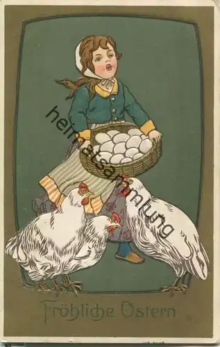 Ostern - Hühner - Frau - Eier - Prägedruck