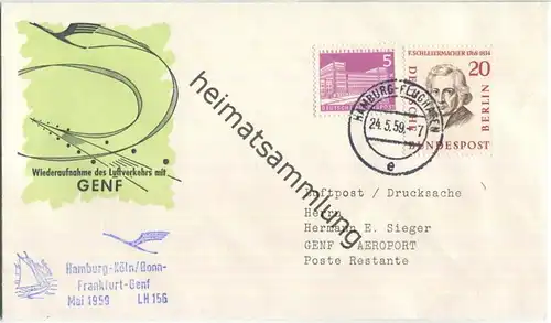 Luftpost Deutsche Lufthansa - Wiederaufnahme des Luftverkehrs Hamburg - Genf am 24.Mai 1959