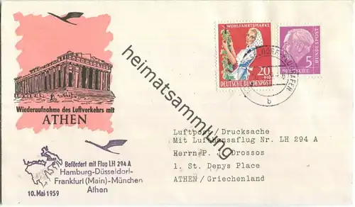 Luftpost Deutsche Lufthansa - Wiederaufnahme des Luftverkehrs Düsseldorf - Athen am 10.Mai 1959