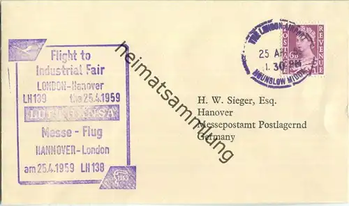 Luftpost Deutsche Lufthansa - Messeflug London - Hannover am 25.April 1959