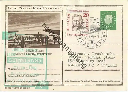 Luftpost Deutsche Lufthansa - Postkarte - Messeflug Hannover - London am 25.April 1959