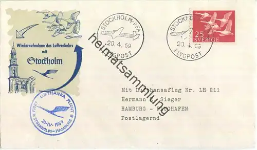 Luftpost Deutsche Lufthansa - Wiederaufnahme des Luftverkehrs Stockholm - Hamburg am 20.April 1959