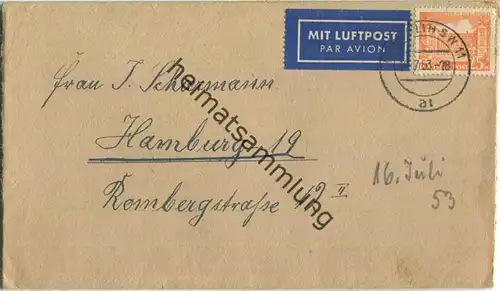 Brief Berlin - 25 Pf. Bauten Luftpost nach Hamburg am 16.Juli 1953
