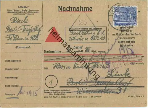Doppelkarte Berlin - 30 Pf. Bauten Nachnahme 1950