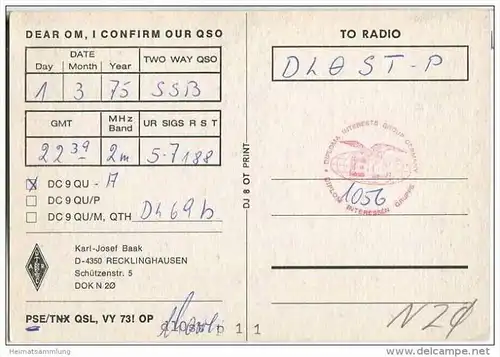 QSL - QTH - Funkkarte - DC9QU - Recklinghausen - 1975