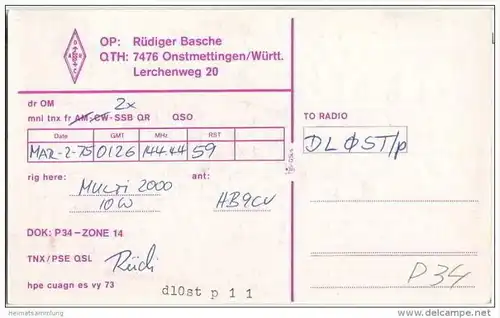 QSL - QTH - Funkkarte - DL3ZR - Onstmettingen - 1975