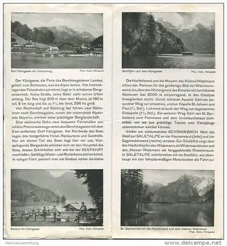 Der Königssee mit Bartholomä und dem Obersee im Berchtesgadener Land 30er Jahre - Faltblatt mit 8 Abbildungen