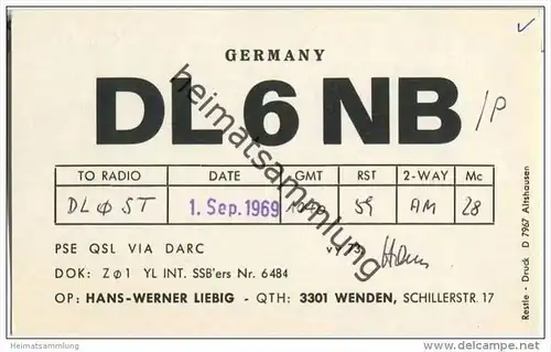QSL - QTH - Funkkarte - DL6NB - Braunschweig-Wenden - 1969