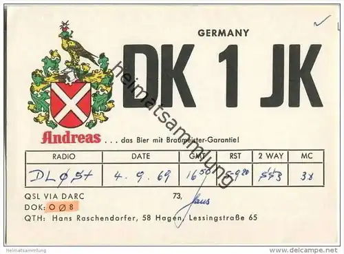 QSL - QTH - Funkkarte - DK1JK - Hagen - 1969 - Andreas Bier