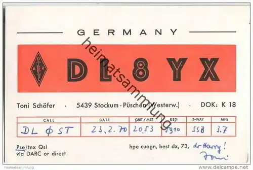 QSL - QTH - Funkkarte - DL8YX - Stockum-Püschen - 1970