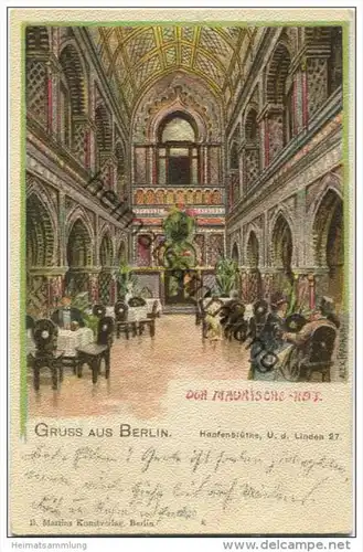 Gruss aus Berlin - Unter den Linden 27 - Hopfenblüthe - Der Maurische Hof - Künstlerkarte Alex. Frädrich