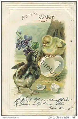 Fröhliche Ostern - Küken - Veilchen - Prägedruck