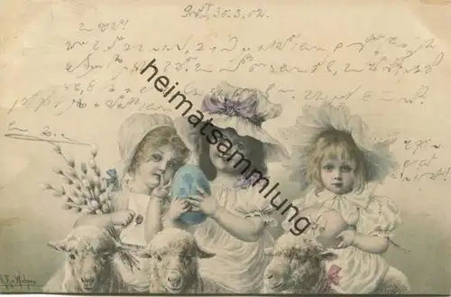 Kinder - Schafe - Ostereier - signiert R. R. v. Wichera gel. 1902