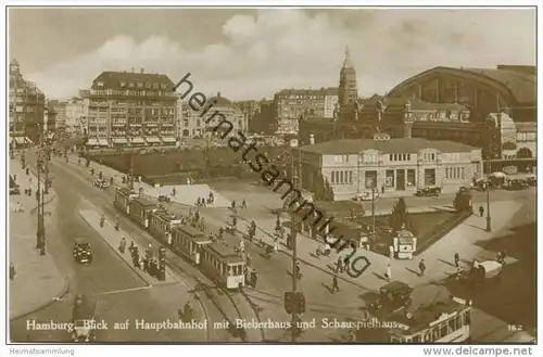 Hamburg - Blick auf Hauptbahnhof mit Bieberhaus und Schauspielhaus - Foto-AK 20er Jahre - Strassenbahn