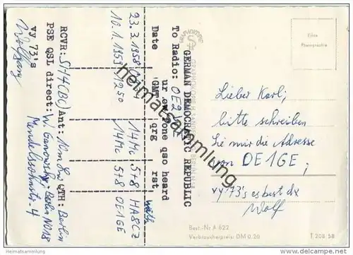 QSL - QTH - Funkkarte - DE1GE - Berlin-Mitte - Brandenburger Tor - 1959