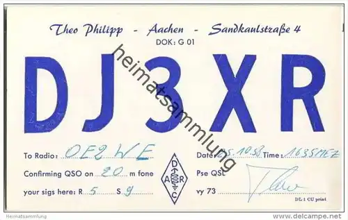 QSL - QTH - Funkkarte - DJ3XR - Aachen - 1958