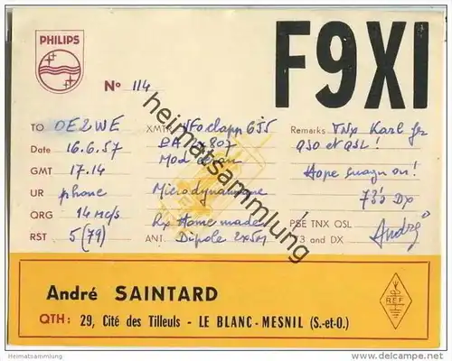 QSL - QTH - Funkkarte - F9XI - Le Blanc-Mesnil - 1957