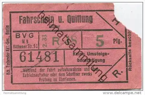 Berlin - BVG Fahrschein und Quittung über 5Pfg. 1933