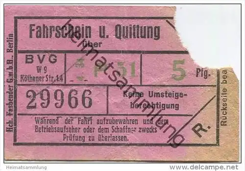 Berlin - BVG Fahrschein und Quittung über 5Pfg. 1934