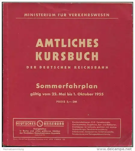 Amtliches Kursbuch - Der Deutschen Reichsbahn Sommerfahrplan 1955 mit Übersichtskarte - Ministerium für Verkehrswesen -