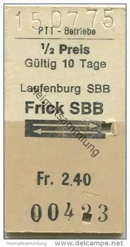 Schweiz - Schweizerische PTT-Betriebe - Laufenburg SBB Frick SBB und zurück - 1/2 Preis - 1975 Fahrkarte