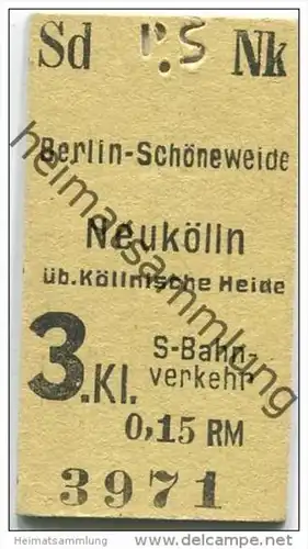 Deutschland - Berlin - Berlin-Schöneweide Neukölln über Köllnische Heide - S-Bahn Fahrkarte - 3.Klasse 0,15RM