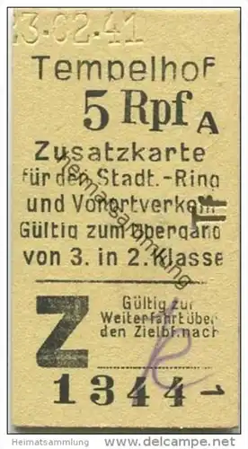 Deutschland - Berlin - Tempelhof 1941 5Rpf. - Zusatzfahrkarte für den Stadt- Ring und Vorortverkehr - Gültig zum Übergan