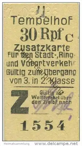 Deutschland - Berlin - Tempelhof 1935 30Rpf. - Zusatzfahrkarte für den Stadt- Ring und Vorortverkehr - Gültig zum Überga