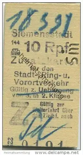 Deutschland - Berlin - Siemensstadt 1931 10Rpf. - Zusatzfahrkarte für den Stadt- Ring und Vorortverkehr - Gültig zum Übe
