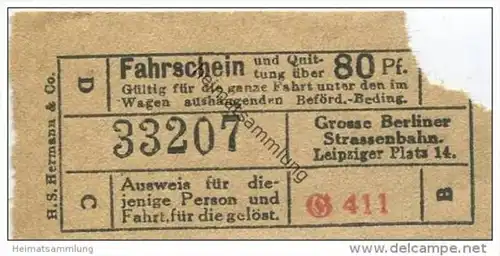 Deutschland - Berlin - Grosse Berliner Strassenbahn W. 9 Leipziger Platz 14 - Fahrschein und Quittung 80Pf. 20er Jahre