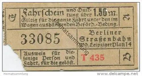 Deutschland - Berlin - Berliner Strassenbahn W. 9 Leipziger Platz 14 - Fahrschein und Quittung 1.50M. 20er Jahre