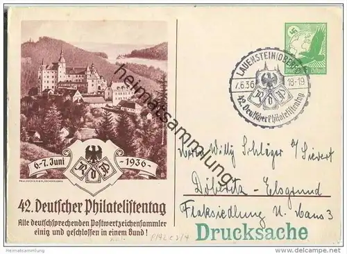 Postkarte - Privatganzsache - 42. Deutscher Philatelistentag 6.-7. Juni 1936 - Sonderstempel - Drucksache