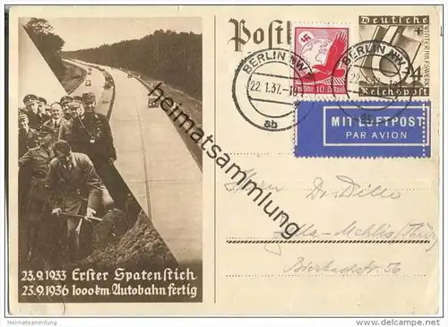 Postkarte - Erster Spatenstich - gelaufen mit Luftpost 1937 - Sammlerbeleg
