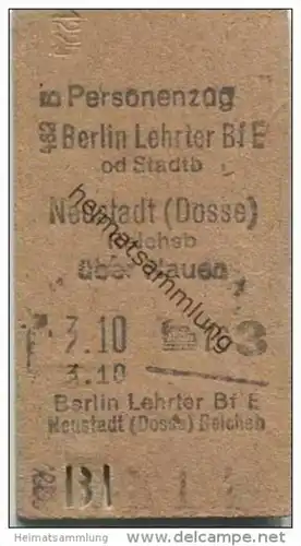 Deutschland - Personenzug - Berlin Lehrter Bahnhof Neustadt (Dosse) über Nauen - rückseitig Stempel: Fahrkartenausgabe B