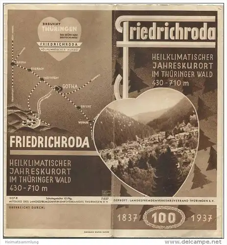 Friedrichroda 1937 - Faltblatt 60cm x 42cm - Reliefkarte signiert Rudolf Haase Leipzig - Wissenswertes für unsere Kurgäs