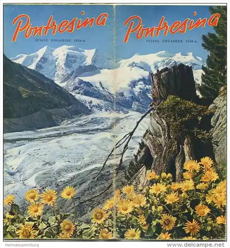 Pontresina 50er Jahre - Faltblatt mit 15 Abbildungen - in französischer Sprache - grosse Reliefkarte vom Engadin mit Wan