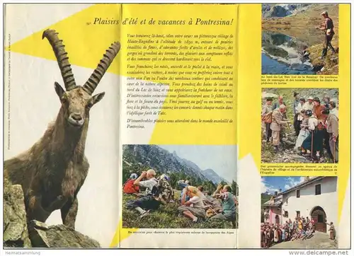 Pontresina 50er Jahre - Faltblatt mit 15 Abbildungen - in französischer Sprache - grosse Reliefkarte vom Engadin mit Wan