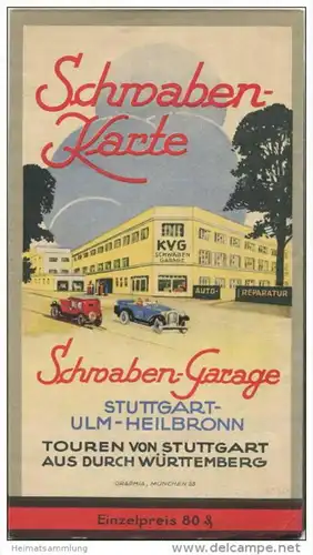 Schwaben-Karte 1930 - Schwaben-Garage - Stuttgart-Ulm-Heilbronn - 53cm x 40cm - rückseitig 6 Abbildungen und Tourenvorsc