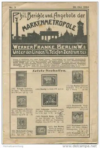 Phil. Berichte und Angebote der Markenmetropole Werner Franke Berlin W8 - Unter den Linden 16 Seiten Okt. 1924