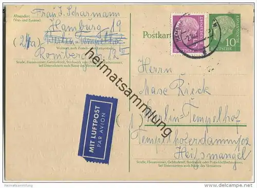 Bund - Postkarte 10 Pfg Heuss grosser Kopf - Luftpost 1957
