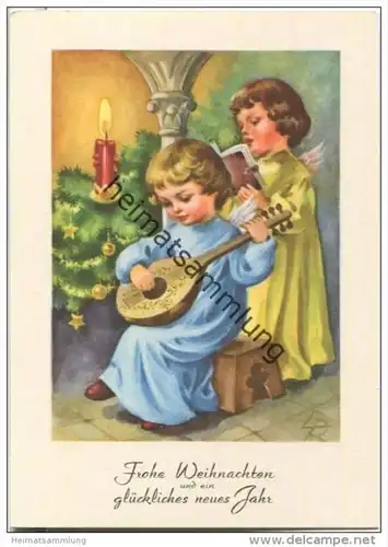 Frohe Weihnachten und ein glückliches neues Jahr - zwei Engel mit Mandoline