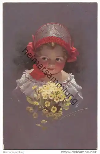 Kleines Mädchen mit Mütze und Blumen - Ludwig Knoefel - Verlag Novitas GmbH Berlin Nr. 10664 gel. 1913