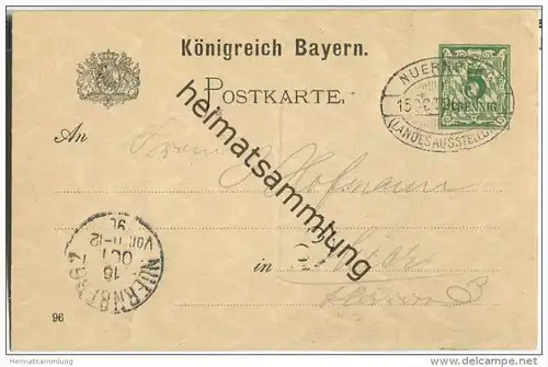 Postkarte Königreich Bayern 5 Pf. grün - Bayerische Landesausstellung Nürnberg 1896 - gelaufen mit Sonderstempel 1896