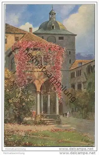 Heidelberg - Partie aus dem Schlosshof mit Brunnenhalle und Wartturm - Künstlerkarte sig. H. Hoffmann