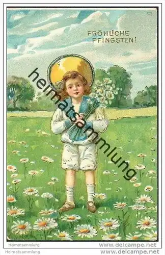 Fröhliche Pfingsten - Prägekarte mit Golddruck - Kind mit Blumen
