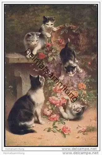 spielende Katzen mit einem Korb voller Rosen - Künstlerkarte C. Reichert